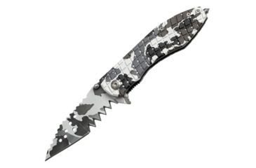 Image of Tac Force Speed Assist Shark Fold Knife, 440 SS A/O blade w/ large tooth serrations, Black, white and gray snow Digi camo blade and handle TF729DW