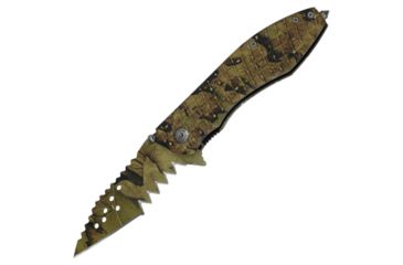 Image of Tac Force Speed Assist Shark Fold Knife, 440 SS A/O blade w/ large tooth serrations, Jungle Green, brown and black camo blade and handle TF729JC
