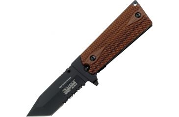 Image of Tac Force Speed Combat Fold Knife, PS, A/O, black 440 SS tanto blade, Black Alum. frame w/ checkered brown faux wood Com TF754TWD
