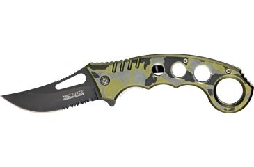 Image of Tac Force Speed Karambit Fold Knife, black 440 SS A/O PS blade, Gray, green and black camo Alum. handle TF758GC