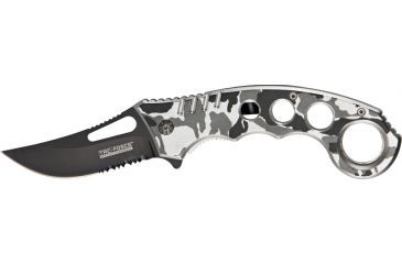 Image of Tac Force Speed Karambit Fold Knife, black 440 SS A/O PS blade, Snow camo black, gray and white Alum. handle TF758DW