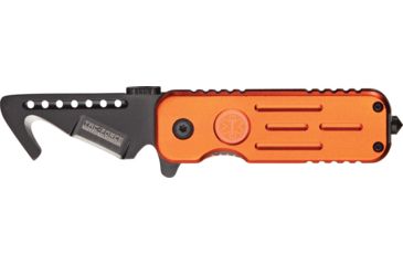 Image of Tac Force Speed Lock Fold Knife 3.5in, black 440 SS A/O hook blade, Orange Alum. handles w/ EMT shield TF748EMH