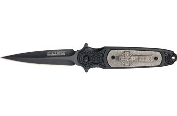 Image of Tac Force Speed Lock Fold Knife 4.5in, black SS A/O single edge dagger blade, handle has antique silver plate onlay w/ sculpted  TF750C