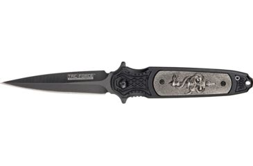 Image of Tac Force Speed Lock Fold Knife 4.5in, black SS A/O single edge dagger blade, handle has antique silver plate onlay w/ sculpted  TF750S