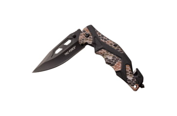 Image of TAC Force Spring Assisted Knife w/Cutter and Glass Breaker, 3.5 in, 3Cr13 Stainless Steel Stainless Steel, Drop Point, Camo/Black, TF-1021CA