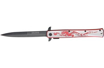 Image of Tac Force Stiletto Fold Knife, black HC SS stilettoblade, Anodized Alum. handles w/ dragon laser CO TF724RD
