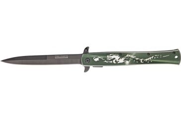Image of Tac Force Stiletto Fold Knife, black HC SS stilettoblade, Anodized Alum. handles w/ dragon laser CO TF724SL