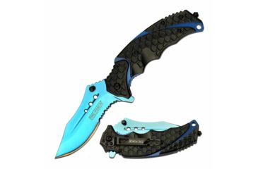 Image of TAC Force TF-943BB Spring Assisted Knife, 3.75in, 3CR13 Stainless Steel, Recurved, Half-Serrated, Blue Blade, Aluminum Handle, Black, TF-943BB