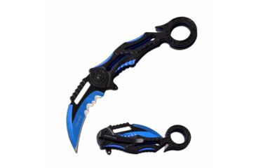 Image of TAC Force TF-990BL Spring Assisted Knife, 3in, 3CR13 Stainless Steel, Karambit, Half-Serrated, Blue Blade, Aluminum Handle, Black/Blue, TF-990BL