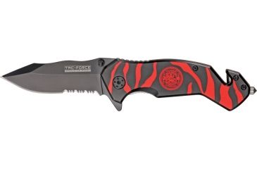 Image of Tac Force Zebra Stripe Rescue Fold Knife, black HC SS A/O PS blade, Black and red zebra stripes on handle TF714BRD