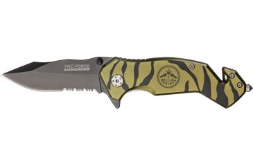 Image of Tac Force Zebra Stripe Rescue Fold Knife, black HC SS A/O PS blade, OD green and black zebra stripes on handle TF714TB