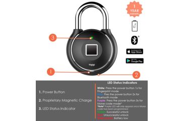 Image of Tapplock One Plus Smart Fingerprint Padlock, Midnight Black, 1000002