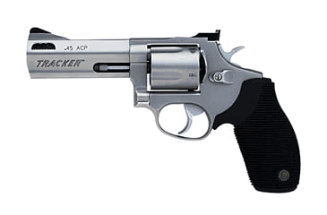 Image of Taurus 455 Tracker Revolver, .45 ACP, 4 in barrel, stainless steel frame, black ribbed rubber grip, revolving chamber, fixed front, adjustable rear, 5 round cylinder, 455 Tracker-1-FRRMPG