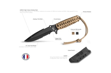 Image of TB Outdoor Survival Fixed Blade Knife, 9.75in Overall, 4.5in Black PVD Partially Serrated MOX Steel Blade, Coyote Brown Paracord Wrapped Handle, Kydex Sheath, 11060004