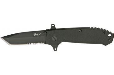 Image of Tekut Ares Son Linerlock Fold Knife, stainless partially serrated tanto blade, Black G-10 handle TK5073