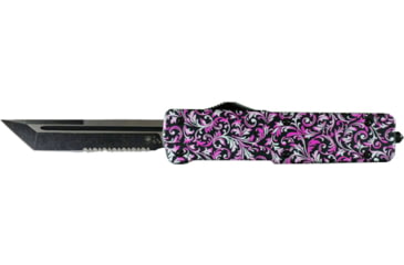 Image of Templar Knife Premium Lightweight OTF Automatic Folding Knife, 3.55in, D2, Tanto Blade, Serrated, Black Finish, Aluminum Pink Fleur Handle, LA-PKF-52-1