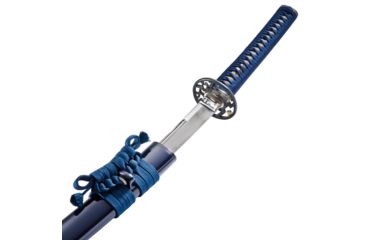 Image of Thaitsuki Nihonto Dokuji Nami Sanmai Katana, 29in Hand Forged And Folded High Carbon Steel Blade, Dark Blue Silk And Ivory Rayskin Wrapped Tsuka, S02