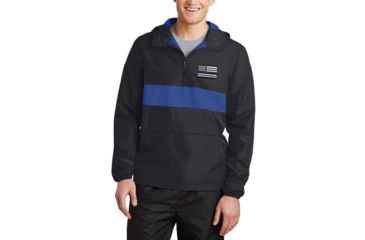 Image of Thin Blue Line 1/2 Zip Hooded - Embroidered - FLAG-TBL-1/2ZIP-HOODED-BLK/BLU-2XL