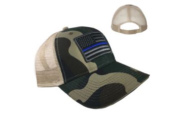 Image of Thin Blue Line Camo Trucker Hat - Subdued American Flag, Thin Blue Line - HAT-TBLBLACK-SUBDUE-CAMO