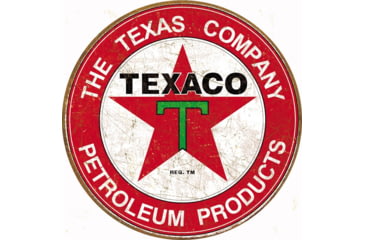 Image of Tin Signs Texaco Filling Station, 11.75in Diameter, Reproduced From Authentic, Vintage Advertising, Rich Vibrant Colors And Heavy Embossing Make These Wonderful For Decorating, 1926