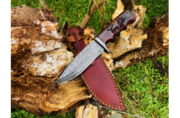 Image of Titan International Knives TD-710 Hunting Fixed Blade Knives, 5in, High Carbon Damascus Steel, Straight Edge, Buck Engraved Walnut Scales Handle, TD-710