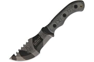 Image of TOPS Knives Mini Tom Brown Tracker Knife, 6.5in Overall, 3.5in Camo Sawback 1095HC Blade, Black Canvas Micarta Handle, TBT-040-CAMO