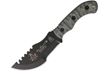 Image of TOPS Knives Mini Tom Brown Tracker Knife, 6.5in Overall, 3.5in Camo Sawback 1095HC Blade, Rocky Mountain Tread Black Micarta Handle, TBT-040-RMT