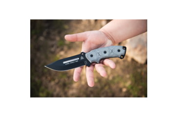 Image of TOPS Knives Steel Eagle Hunter Point Knife, 9.75in Overall, 5in Black Traction Coated 1095HC Steel Hunter's Point Blade, Black Linen Micarta Handle, Black Kydex Belt Sheath, SE105E