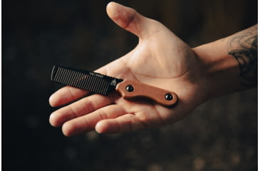 Image of TOPS Knives Tac Rake Beard Comb by Leo Espinoza, 5.88in Overall, Tan Canvas Micarta Handle, Leather Sheath, TRAK-01