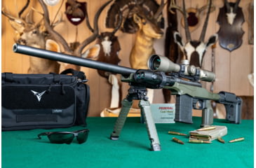 Image of TRYBE Defense Savage Model 10 Short Action Chassis System, TRYBE Optics 6-24x50mm Rifle Scope, TRYBE Optics Rangefinder