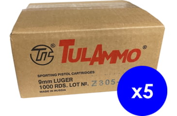 Image of TulAmmo Ammunition, 9mm Luger, 115 Grain, FMJ, Steel Case, Centerfire Pistol Ammo, 5000 Rounds Case, TA919150-CS-KIT7