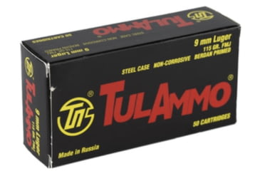 Image of TulAmmo Ammunition, 9mm Luger, 115 Grain, FMJ, Steel Case, Centerfire Pistol Ammo, 50 Rounds Box, TA919150