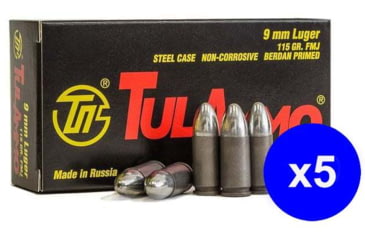 Image of TulAmmo Ammunition, 9mm Luger, 115 Grain, FMJ, Steel Case, Centerfire Pistol Ammo, 50 Rounds Box, TA919150
