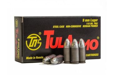Image of TulAmmo Ammunition, 9mm Luger, 115 Grain, FMJ, Steel Case, Centerfire Pistol Ammo, 50 Rounds Box, TA919150