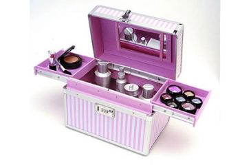 Image of TZ Case Pink Beauty Collection Small MakeUp Case w/ 2 Extendable Trays Combination Lock Pink Stripe AB 68PS