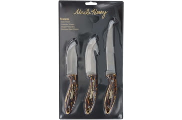 Image of Uncle Henry Staglon 3 Knife Set w/Poly Sheath, 4.5in/4in/3.5in, Stainless Steel, Fixed Blade, Bone, Staglon Handle, 1183289