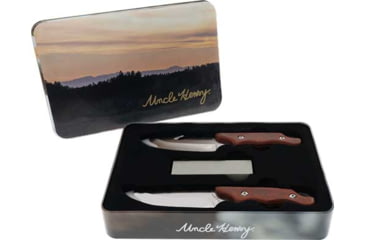 Image of Uncle Henry Guthook &amp; Drop Point Knife Set w/Tin, 4in/3.75in, Stainless Steel, Fixed Blade, Brown, Pakka Wood Handle, 1183273