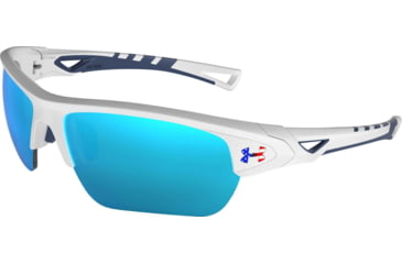 Image of Under Armour UA Octane Sunglasses, Tuned Baseball Blue Lens, Satin White/Navy, One Size Fits Most, UA8650094-114064