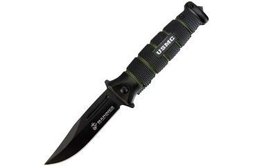 Image of United Cutlery USMC Combat Folding Knife,3.5in,Black/Green Handle,Black Plain w/Clip UC3098