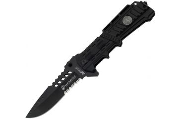 Image of USMC Liberty I Tactical Lock Fold Knife, Black Partially SE, Black handle USM1000B