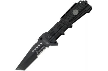 Image of USMC Liberty II Tactical A/O Fold Knife, Black Partially SE, Black handle USMA1001B