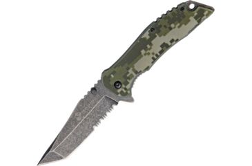 Image of USMC Linerlock Digital Green A/O Folding Knife,3.625in,Stainless Steel,Partially Serrated,Tanto,Black Stonewash Handle,Box USMA1038DG