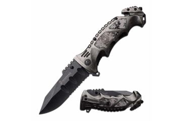 Image of USMC M-A1048SC Spring Assisted Knife, 4.1in, 3CR13 Stainless Steel, Spear Point, Half-Serrated, Black Blade, Stainless Steel/Pakkawood Handle, Stonewash/Camo, M-A1048SC