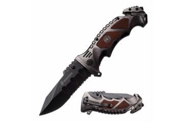 Image of USMC M-A1048SW Spring Assisted Knife, 4.1in, 3CR13 Stainless Steel, Spear Point, Half-Serrated, Black Blade, Stainless Steel/Pakkawood Handle, Stonewash/Brown, M-A1048SW