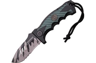 Image of USMC Stronghold Linerlock A/O Folding Knife,3.5in,Stainless Steel,Partially Serrated,Black and Green,Aluminum Handle USMA1041UC