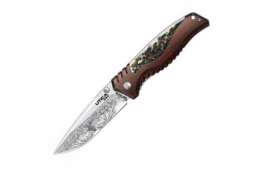Image of Utica Apter Blade IV Linerlock Folding Knife, 3.5 satin finish 8Cr13MoV stainless blade, Brown aluminum handle with imitation bone insert, 91-1076CP