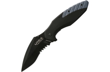 Image of Utica Dark Sky I Linerlock Folding Knife, 3.5 black oxide coated partially serrated 8Cr13Mo, Black aluminum handle with Blue G10 insert, 91-1219CP