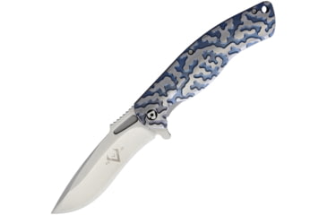 Image of V NIVES Atmosphere Framelock Knife, Atmosphere Framelock, 4.63in Closed, 3.5in Satin S35Vn SS Drop Point, Blue/Silver Sculpted Titanium Handle, Pocket Clip, Storage Case., V02TIPBL