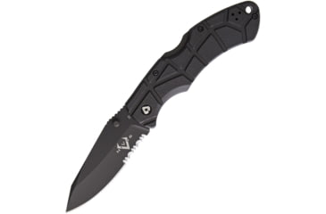 Image of V NIVES Rocky II Lockback Folding Knife, 4.63in Closed, 3.25in Black Partially Serrated D2 Tool Steel Drop Point, Black Sculpted Frn Handle, Thumb Stud, Pocket Clip, Storage Case., V09FRNPSBBK