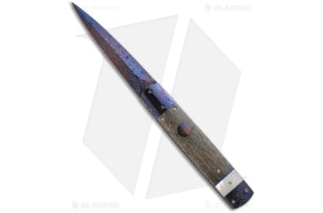 Image of Vallotton Custom Knives Original D&amp;D Automatic Folding Knife, 4.25in, Damascus, Drop Point Blade, Ivory, Blue/Brown Handle, Blue/Brown/Black, 9.25 inch, BHQ-10793